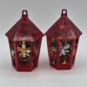 Vintage Jewelbrite Christmas Ornaments Lantern Diorama 2 Candle Bell Plastic MCM